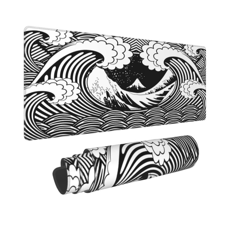 MOLIAN Black and White Japanese Wave Gaming Mouse Pad XL  Large Non Slip Rubber Mousepad  Stitched Edges Desk Pad  Long Extended Mice Pad 31.5'' X 11.8'' - Image 1
